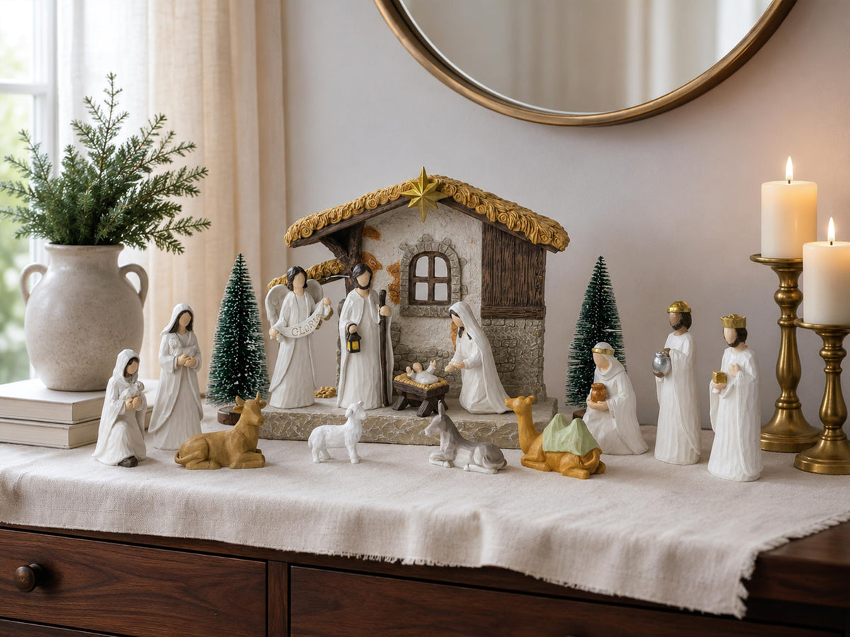 Gleemoria Nativity Scene Set, 17 Pieces with LED Stable, White