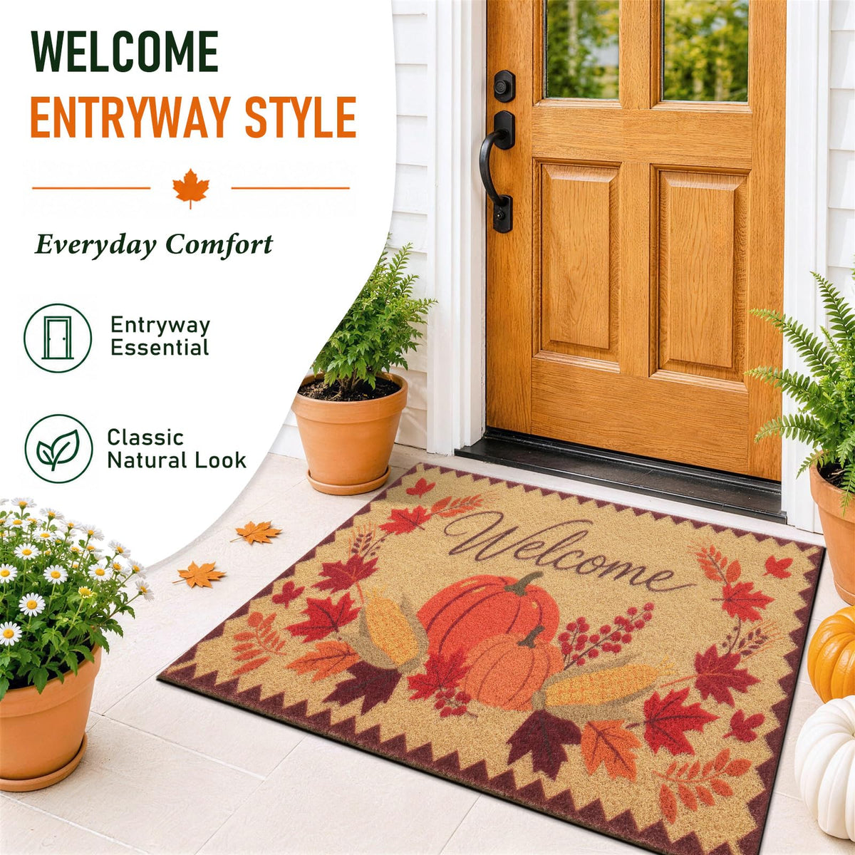 OLANLY Doormat, Low Profile Polyester Front Door Mat, Welcome Fall Pumpkin 30x17