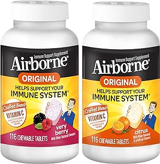 Airborne 1000mg Vitamin C Chewable Tablets Citrus & Very Berry Flavor Bundle - Immune Support Supplement with Zinc and Powerful Antioxidant Vitamins A C & E, (2x116ct bottles)*