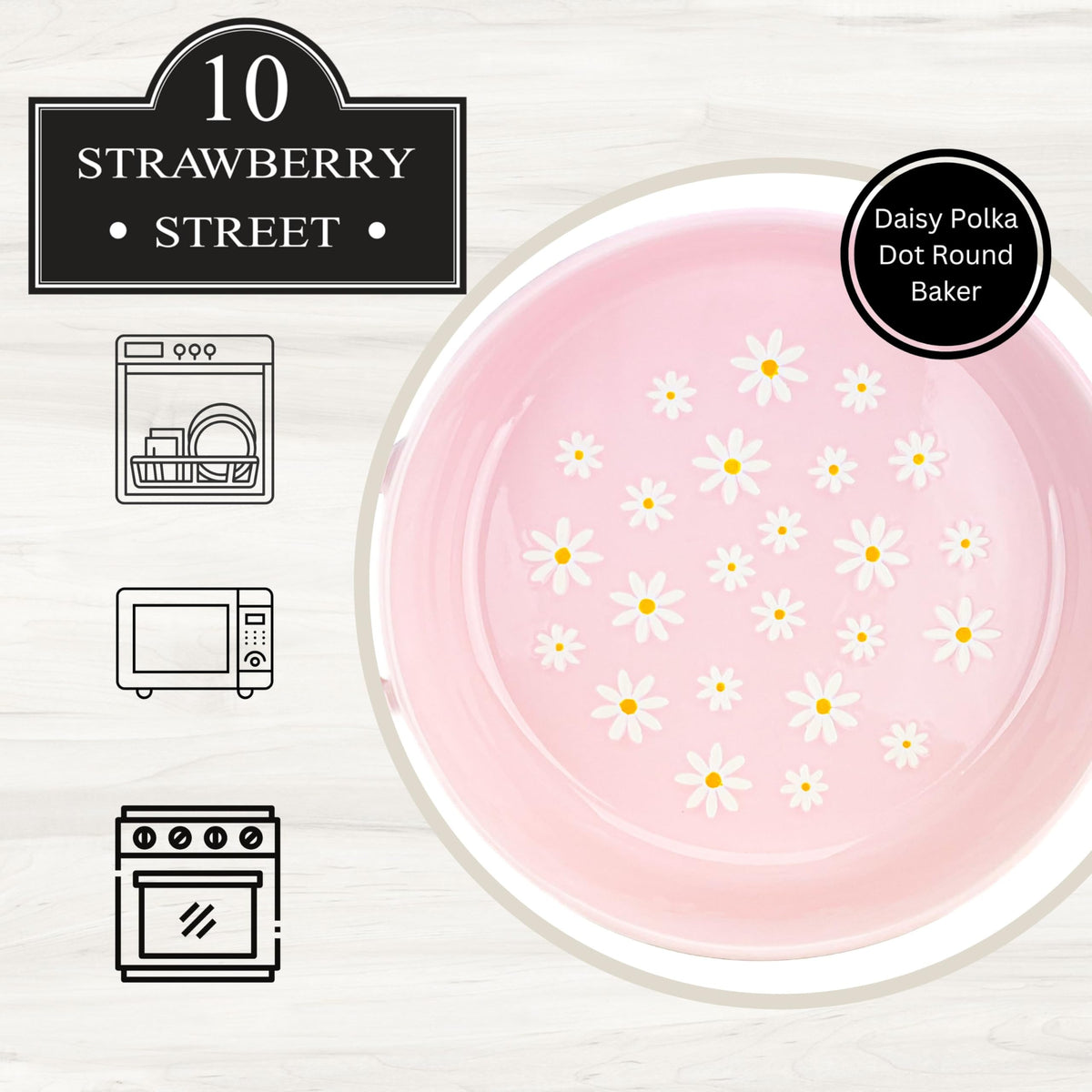 Daisy Polka Dot Round Baker by 10 Strawberry Street – 10" Round, Stoneware, Pink Round, Model DS-RDY-40-63-001