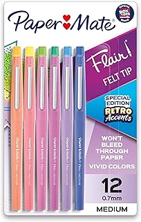 Paper Mate Flair Felt Tip Pens, Medium Point (0.7mm), Special Edition Retro Accents, 12 Count - Fun Office Supplies