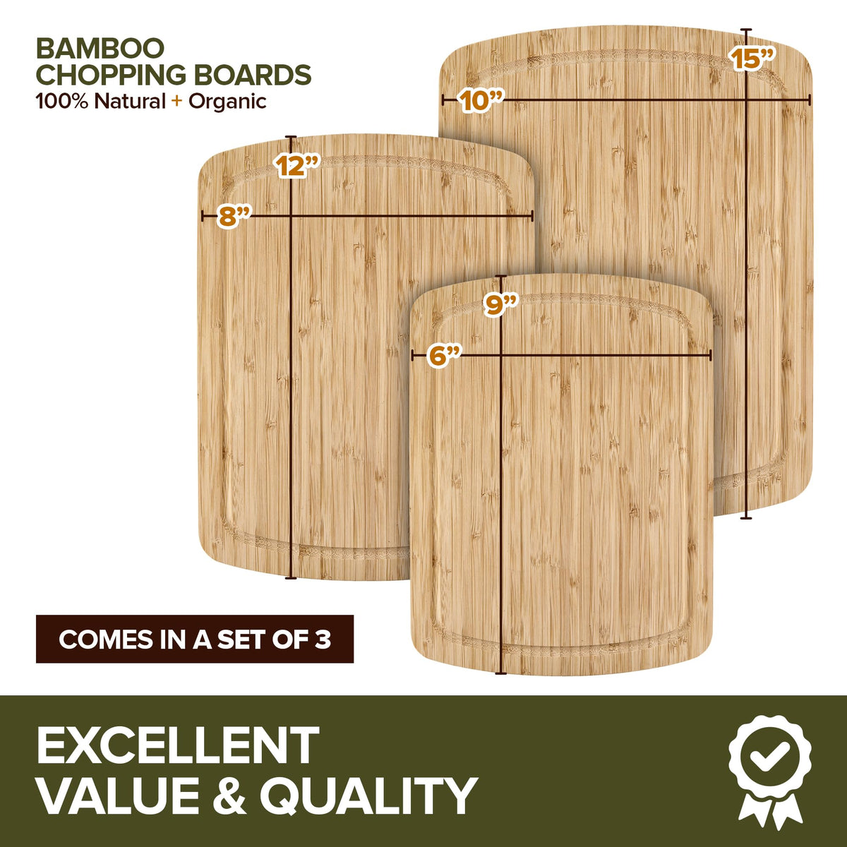 Wood Cutting Boards for Kitchen Counter by Modern Innovations – 9x6 inches, 12x8 inches, 15x10 inches, Bamboo, Pack of 3