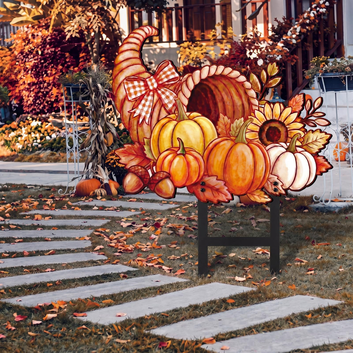 Otoolling Metal Pumpkin Yard Stake, 15 Inch Fall Decor, Brown