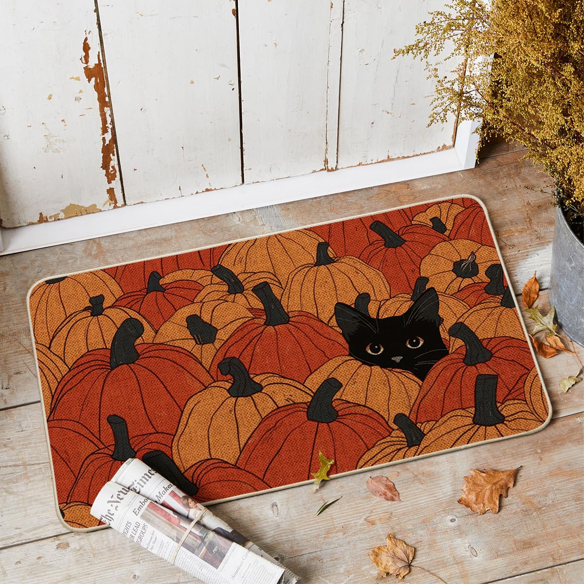 Artoid Mode Black Cat Pumpkin Doormat, 17 x 29 Inch, Orange