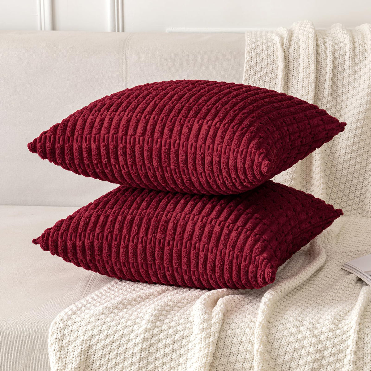 Miulee Corduroy Throw Pillow Covers, 18x18 Inch, Burgundy
