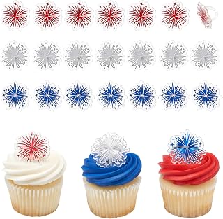 24 x Foil Fireworks Cupcake Rings, DecoPac Red, White, Blue Firework Cake Toppers For July 4th, Independence Day, USA, America - 24 Pack