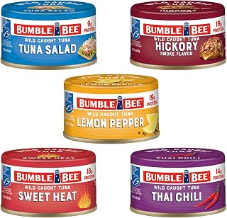 Bumble Bee Snackers Sampler Bundle - 5-Pack of 3 oz Easy Open Cans - Flavored Wild Caught Skipjack Chunk Light Tuna Pack - No Draining, Ready to Eat