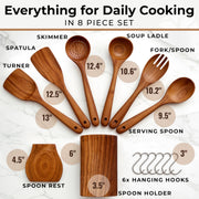 Woodenhouse Teak Wooden Utensil Set, 8 Piece with Holder, Brown