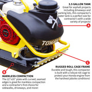 5.5 HP Honda Engine Forward Plate Compactor Walk Behind Vibratory Dirt Asphalt Soil Plate Compactor (Compactor + Pad) by Tomahawk Power – Metal, Model TPC90H + TPC90H-PAD