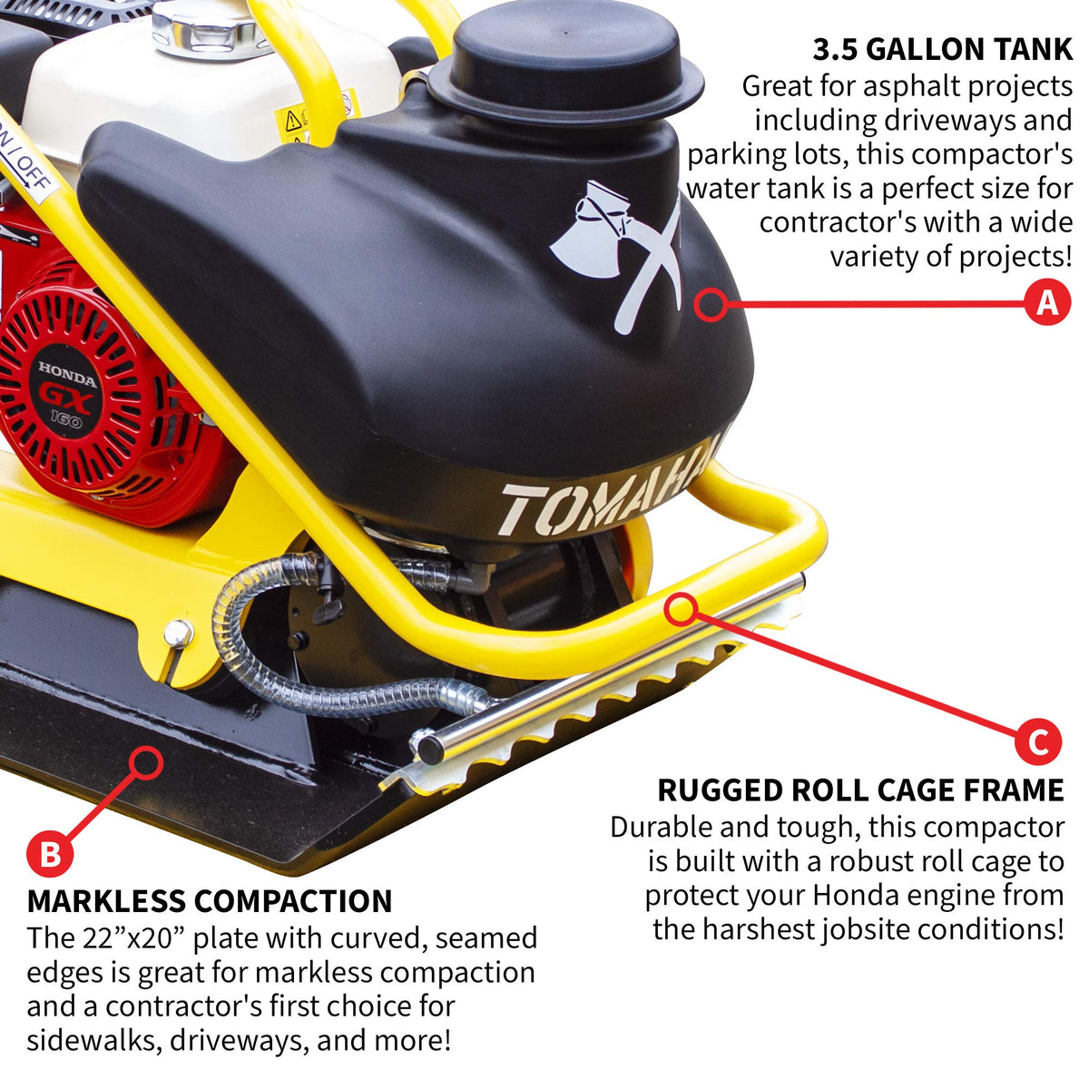 5.5 HP Honda Engine Forward Plate Compactor Walk Behind Vibratory Dirt Asphalt Soil Plate Compactor (Compactor + Pad) by Tomahawk Power – Metal, Model TPC90H + TPC90H-PAD