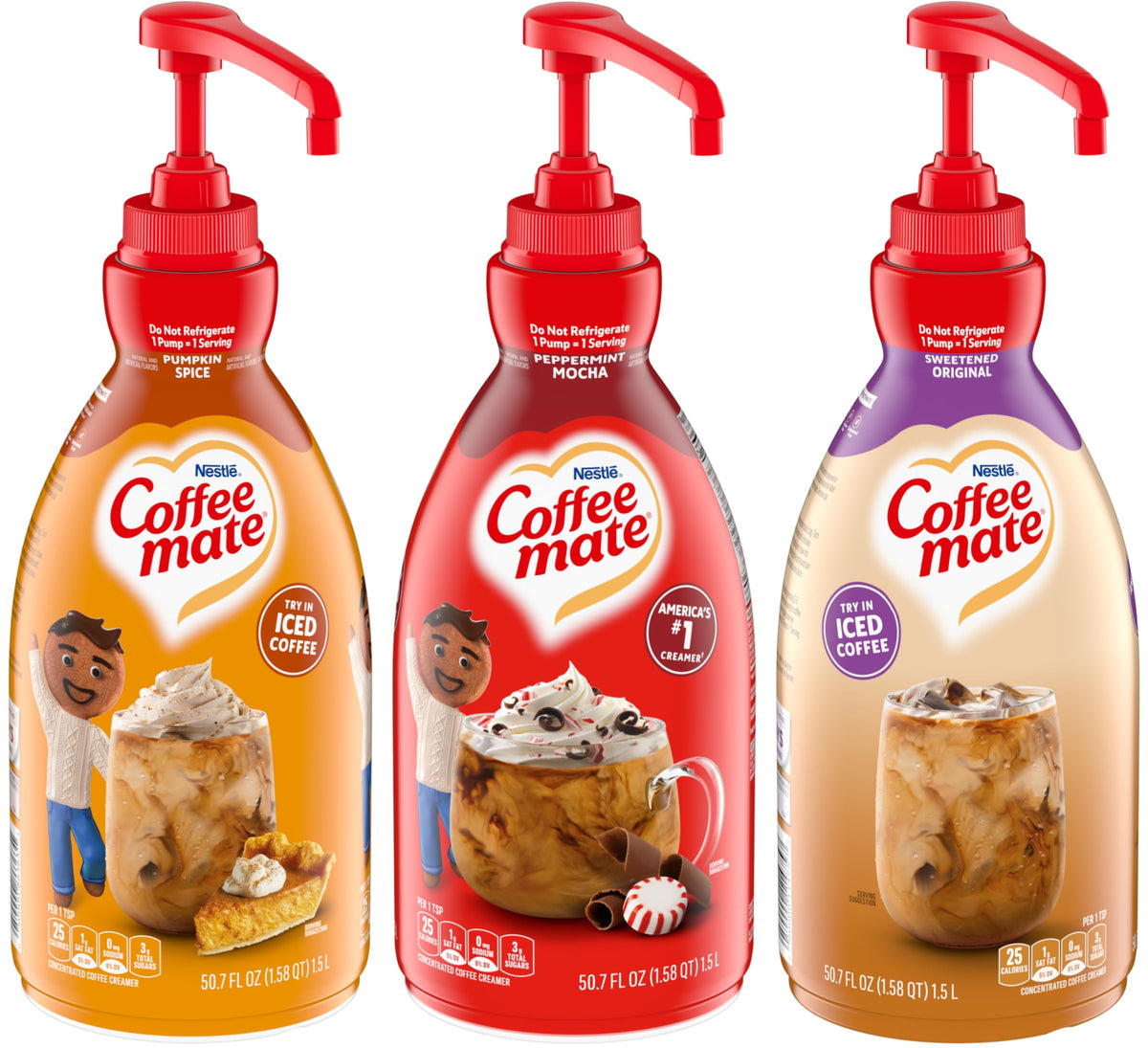 Coffee Mate Pumpkin Spice, Peppermint Mocha, Sweet Original / 50.7 Fl Oz (Pack of 3) / 3 Plant-Based Coffee Creamers