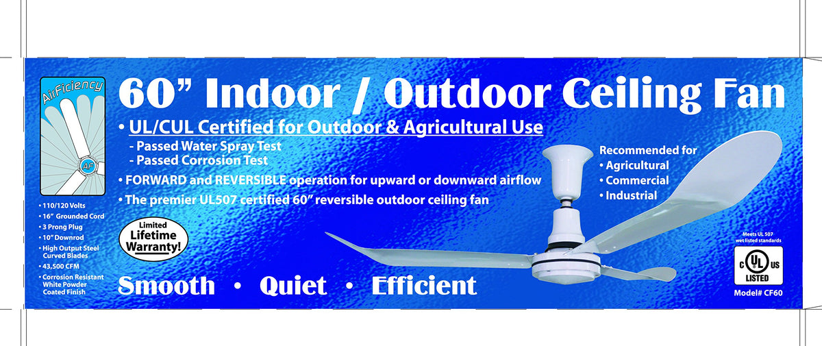 Manufacturing Premium Indoor/Outdoor UL507 Ceiling Fan by J&D – 60"L x 60"W x 21"H, Metal, White, Model CF60A