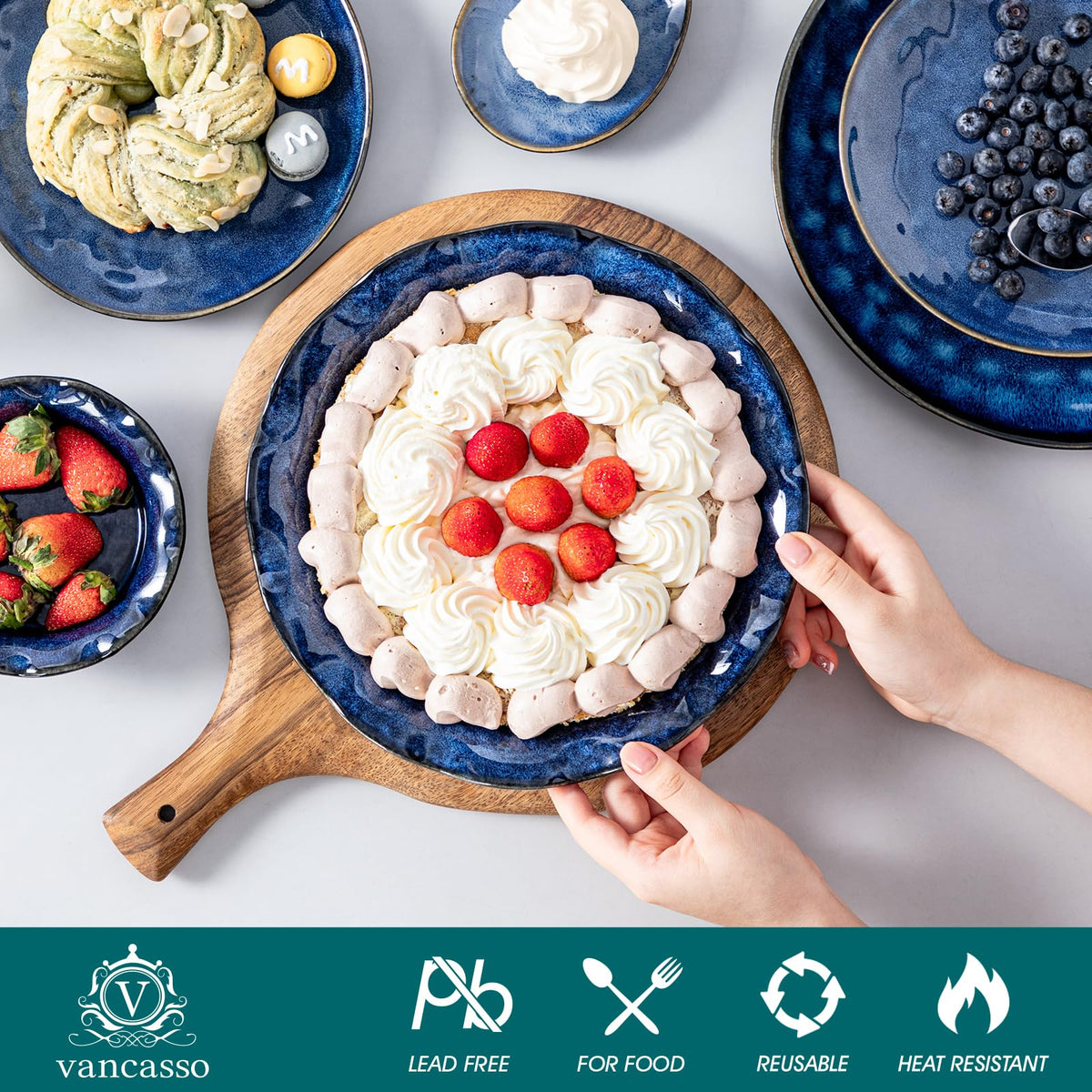 Vancasso Stoneware Pie Dish, 9 Inch Deep Ceramic Baker, Blue