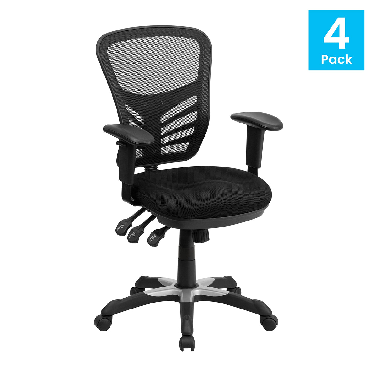 Nicholas Mid-Back Black Mesh Multifunction Executive Swivel Ergonomic Office Chair with Adjustable Arms by Flash Furniture – 4 Pack, Model 4-HL-0001-GG