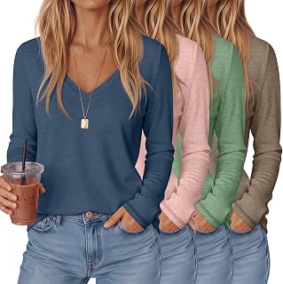 4 Pack Women's Long Sleeve Shirts V Neck Fall Tops