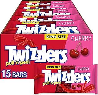 Twizzlers PULL 'N' PEEL Cherry King Size Chewy Candy Packs, 4.2 oz, 15 Ct | Cherry flavored licorice style candy packs for movie nights, lunch boxes, parties and snacking.