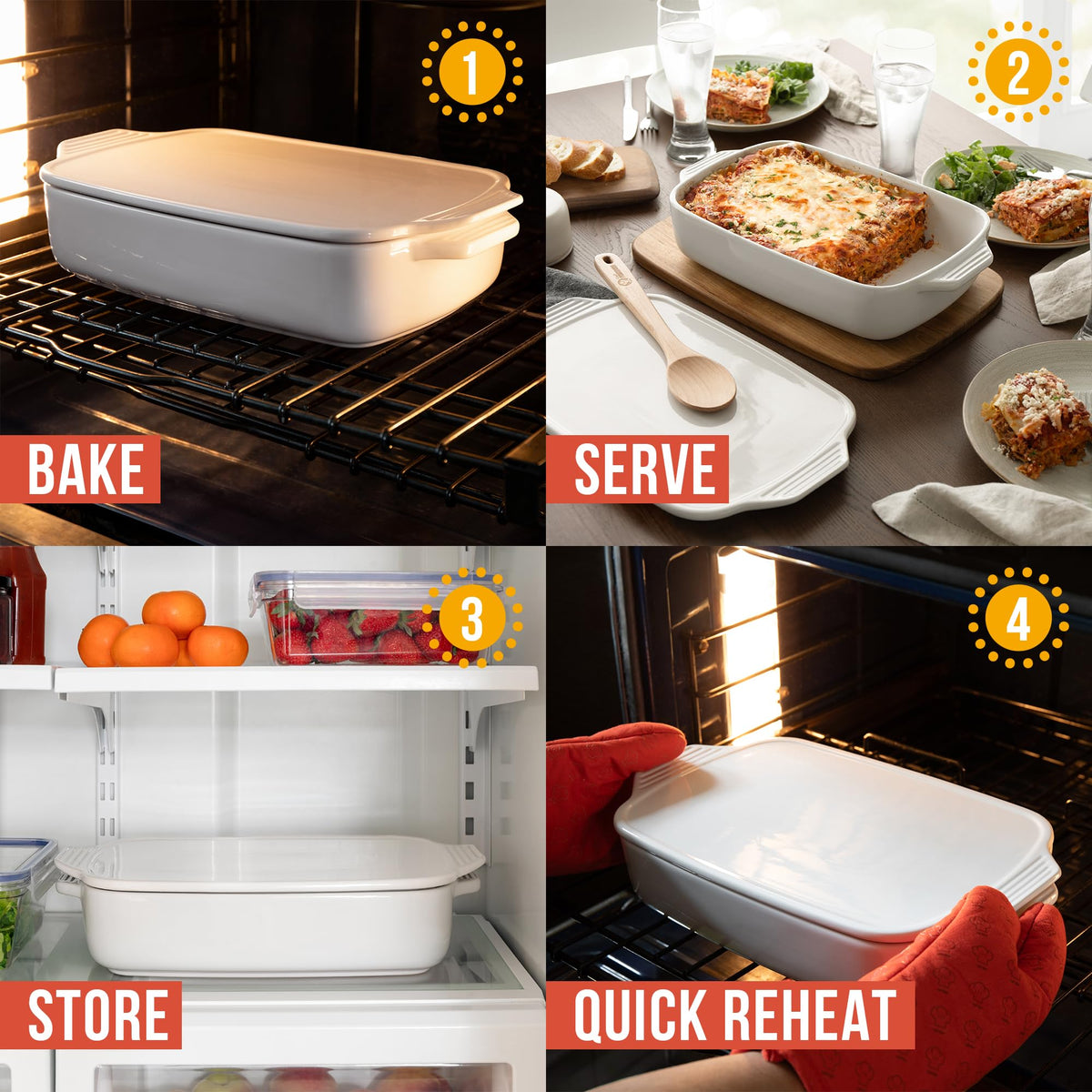 Chef Pomodoro Ceramic Casserole Dish With Lid, White, 15.5 x 9.3 Inches