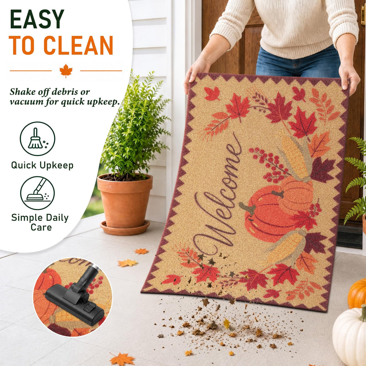 OLANLY Doormat, Low Profile Polyester Front Door Mat, Welcome Fall Pumpkin 30x17