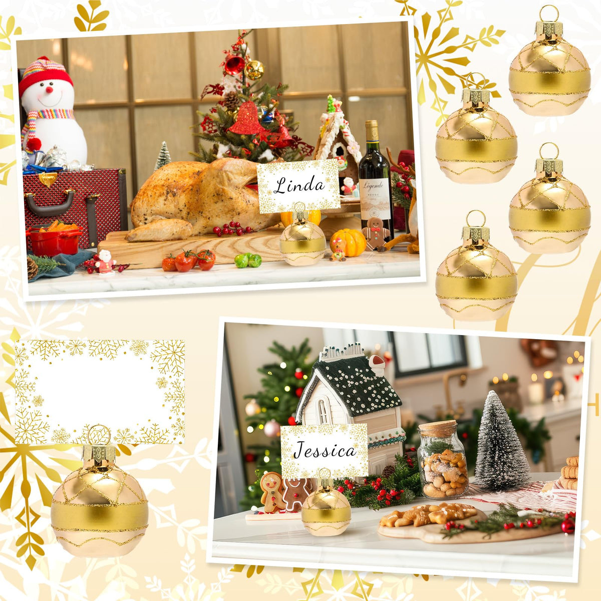 Whaline Ball Ornament Place Card Holders, Gold Snowflake, 12 Pack