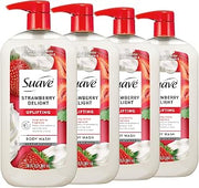 Suave Strawberry Delight Uplifting Body Wash, Formulated with Glycerin and Vitamin E for Hydrating and Gently Cleansing Skin, 30 FL OZ Pump, 4 Pack
