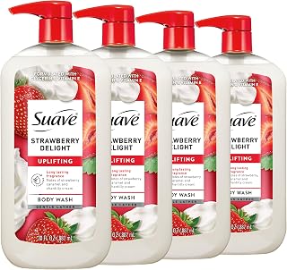 Suave Strawberry Delight Uplifting Body Wash, Formulated with Glycerin and Vitamin E for Hydrating and Gently Cleansing Skin, 30 FL OZ Pump, 4 Pack