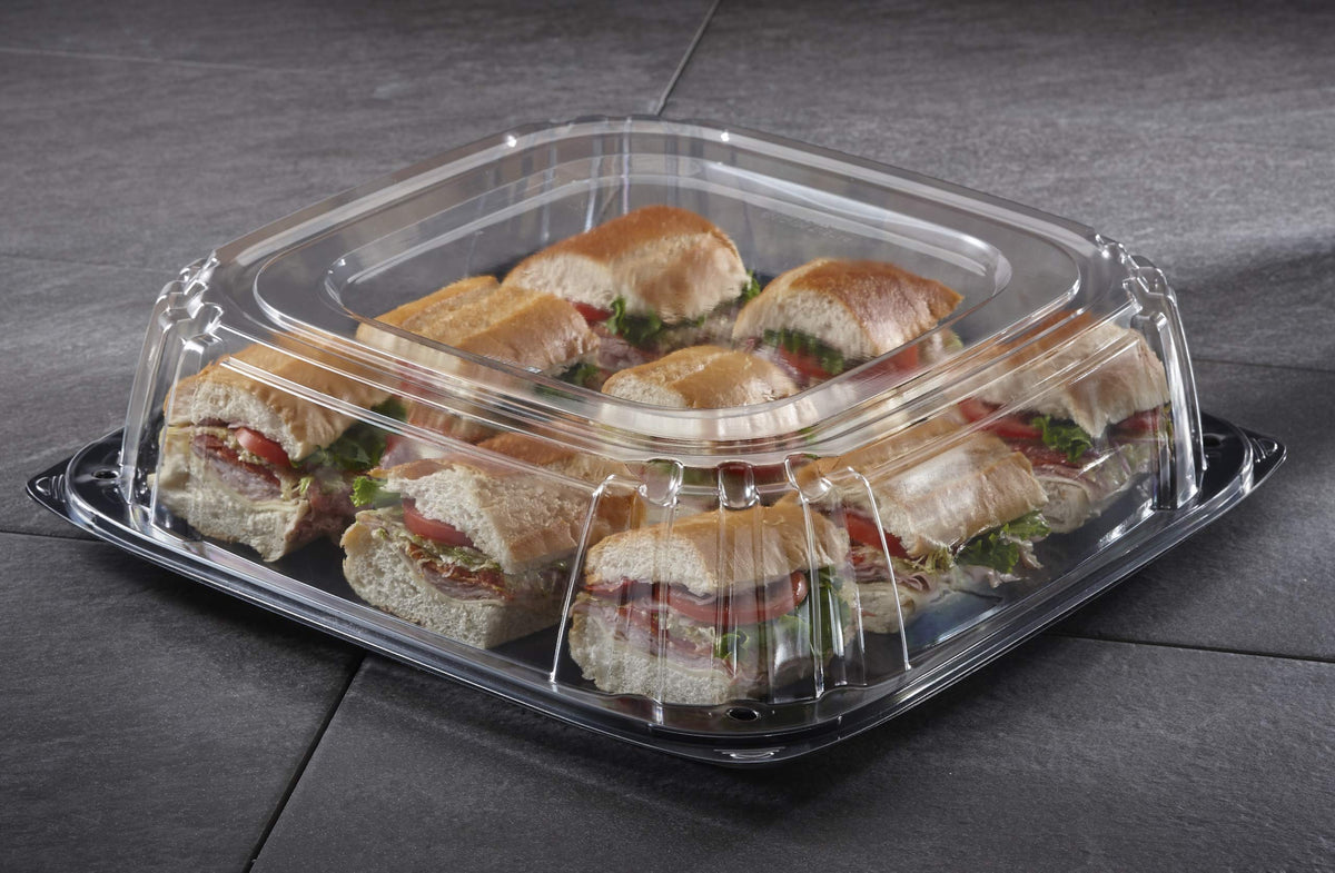 Black 16" UltraStack Square Platter with Clear 3" Dome Lid by Sabert – 25 CT, Plastic, Black, Pack of 25, Model C9616
