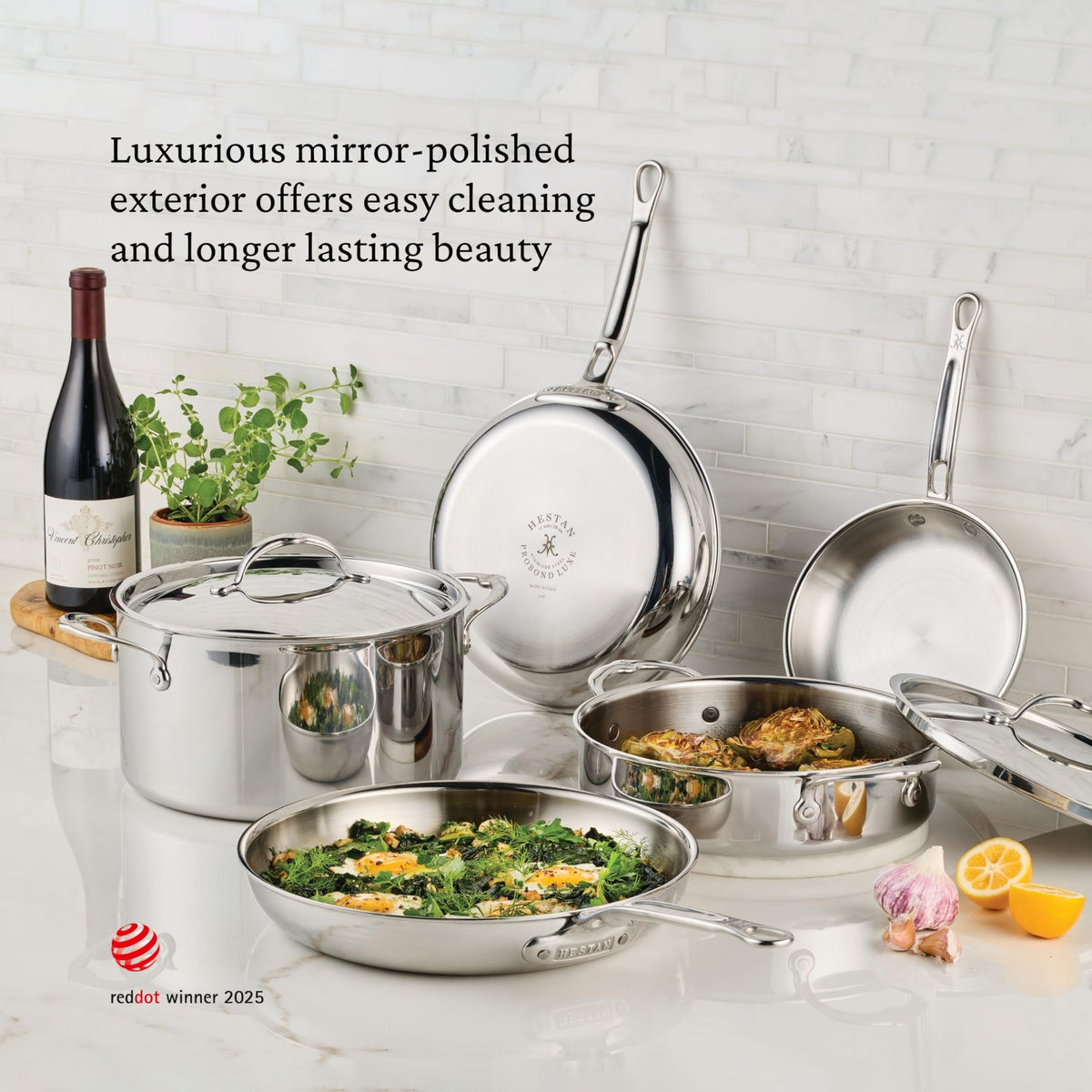 ProBond Luxe 5-Quart Polished Professional Clad Stainless Steel Dutch Oven with Lid by Hestan – Medium, 5 quarts, Stainless Steel, Silver, Model 31828