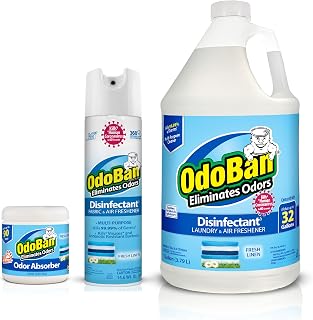 OdoBan Multipurpose Cleaner Disinfectant and Harsh Smell Eliminator Fabric/Air Freshener Pack: Ready-to-Use 360-Degree Continuous Spray, 1 Gallon Concentrate, Solid Smell Absorber, Fresh Linen Scent