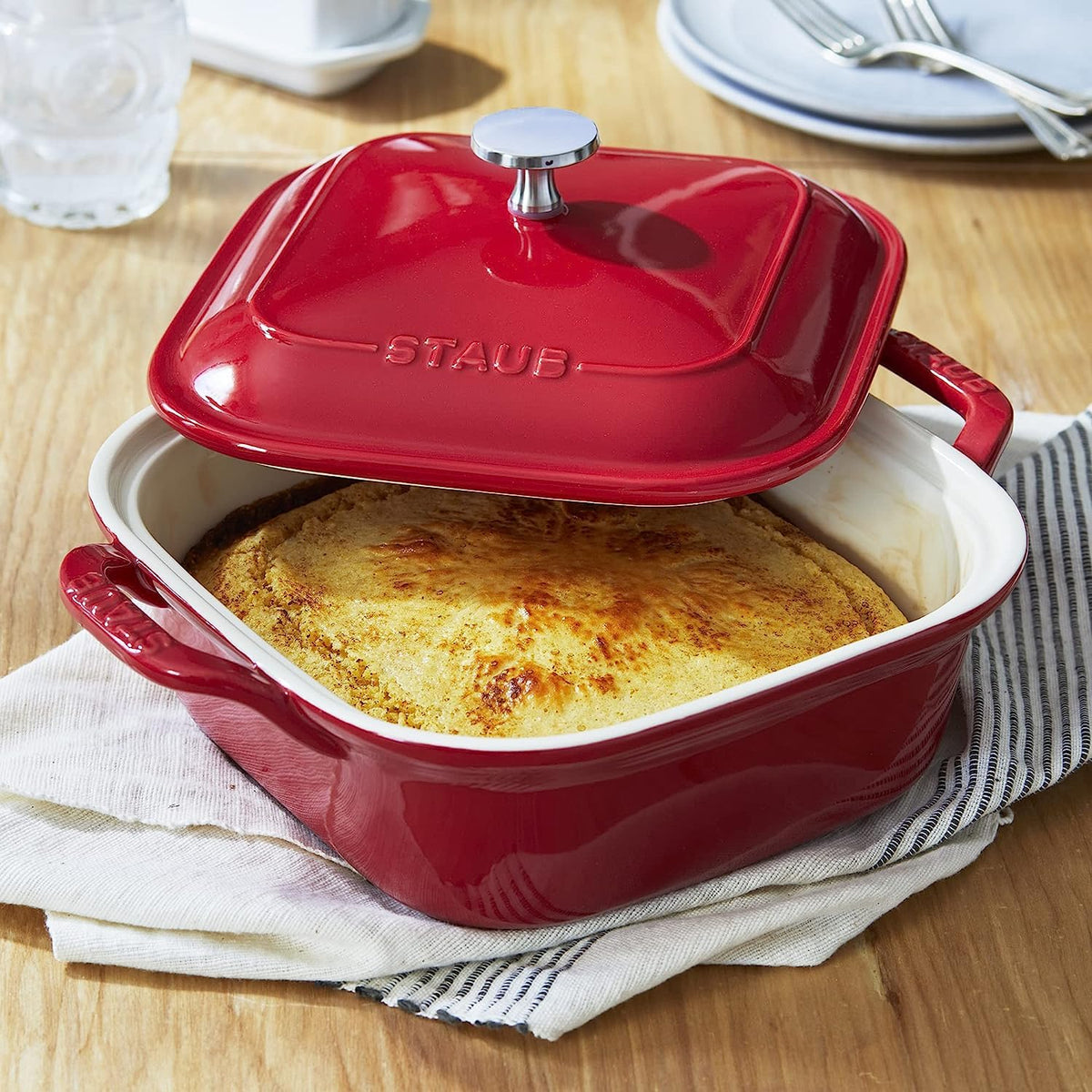 STAUB Ceramics Square Covered Baking Dish – 9x9-inch, 7.2 quarts, Ceramic, Cherry, Model 40508-636