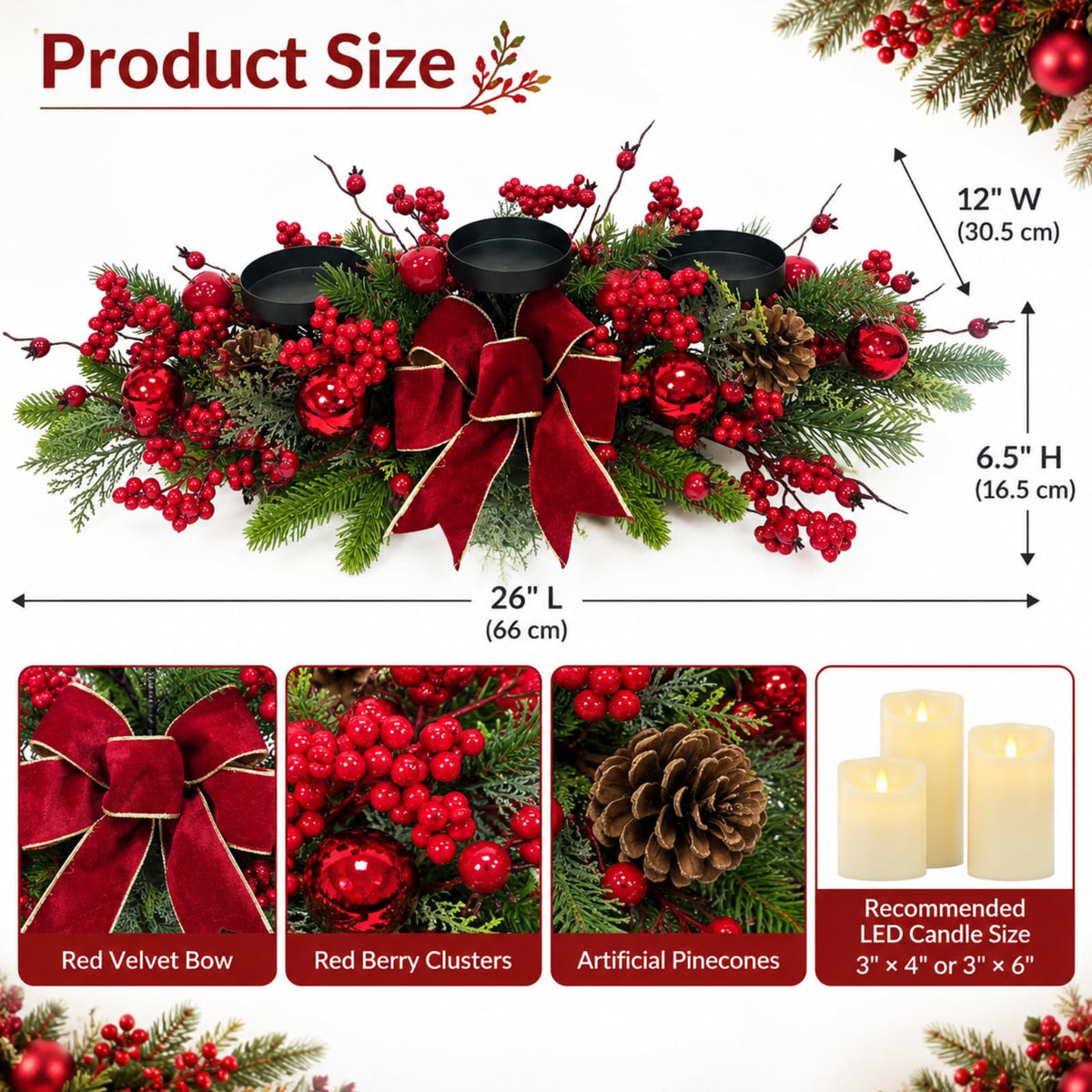 Svndlyn Candle Holder Centerpiece, 26 Inch Long with 3 Platforms, Red Green