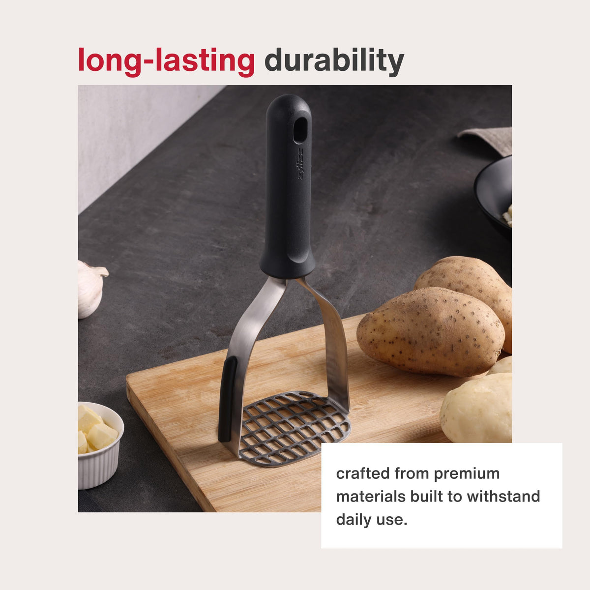 Zyliss Potato Masher, Stainless Steel Head, Gray Wheat Straw Handle