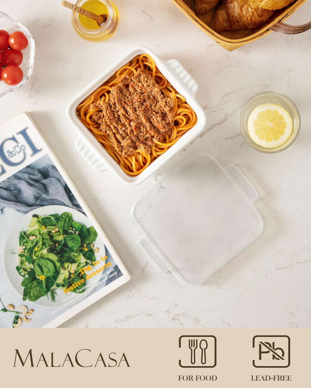Malacasa Ceramic Baking Dishes, 5.5 x 5.5 Inch Square with Silicone Lids, Set of 2, White