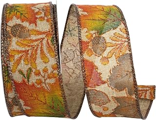 Reliant Ribbon Leaf Multi Color Linen Glitter Wired Edge Ribbon, Natural