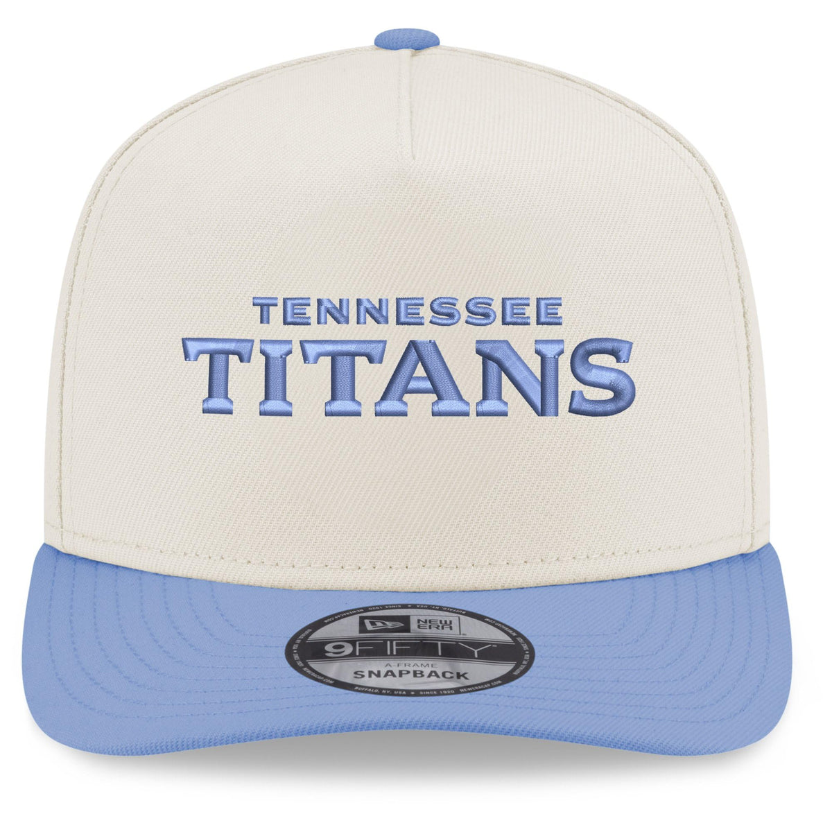 Men's Cream/Light Blue Tennessee Titans Wordmark 9FIFTY A-Frame Snapback Hat by New Era – 100% Polyester Woven, Model Sp26 Nfl Wordmark A-frame Pre-curved 9fifty
