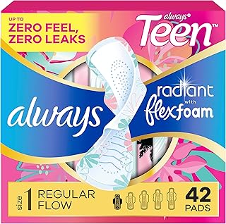 Always Radiant Teen Pads, Size 1, Regular, with Wings, Unscented, 42 Count