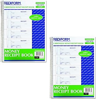 2 X Rediform Spiralbound Carbonless Unnumbered Money Receipt Book (S16444W-CL)
