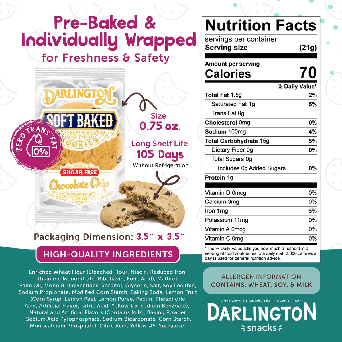 Darlington Snacks Chocolate Chip (Sugar-Free) / 0.75 Ounce (Pack of 106) / 106 Chocolate