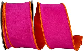 Reliant Ribbon Dupioni Reversal Two Color Deluxe Backed Wired Edge Ribbon, Fuchsia/Orange