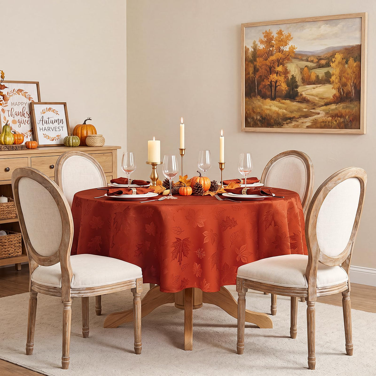 Softalker Jacquard Round Tablecloth, 70 Inch Diameter, Maple Burnt Orange