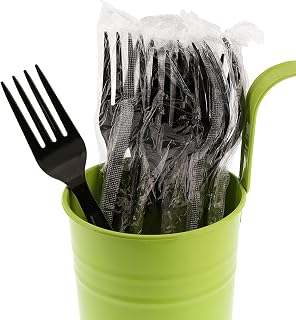 AmerCareRoyal Heavy Weight Individually Wrapped Disposable Polystyrene Plastic Forks for Restaurants and Catering, Black, Pack of 1000