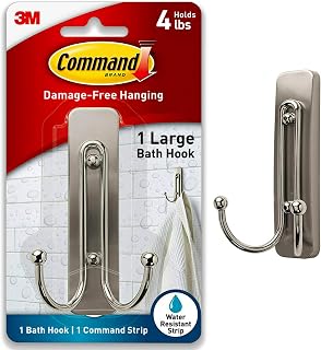 Command Large Satin Nickel Bath Double Hooks, 1 Hook, 1 Strip