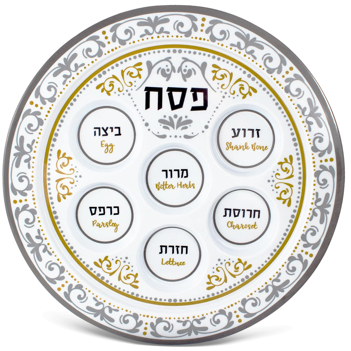 Zion Judaica Renaissance Seder Plate, Melamine Round Tray, Gold and Silver Floral