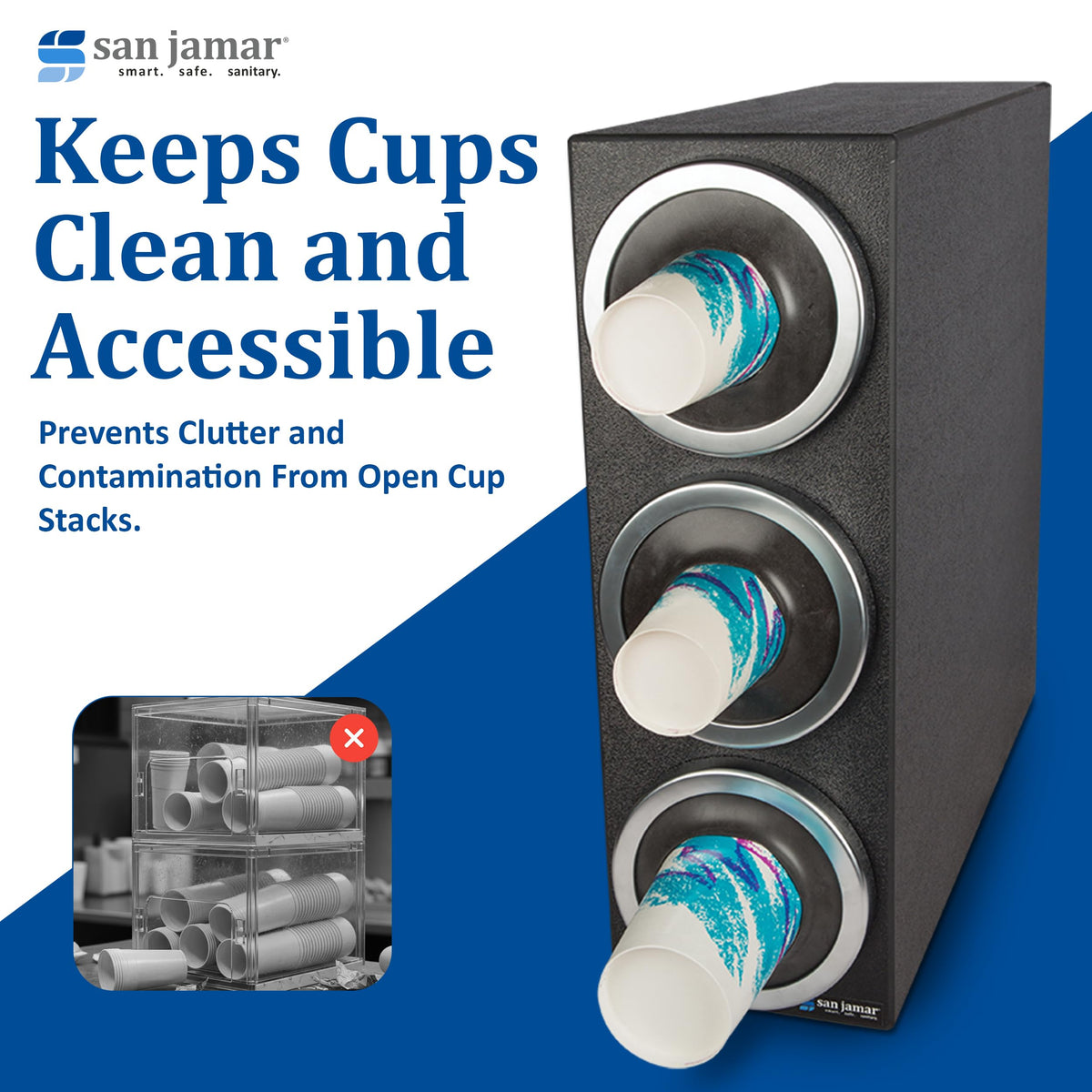 Ez-Fit Cup Dispenser Cabinet with 3 Tiers for Restaurants by San Jamar – 3 Tiers, Polystyrene, Chrome, Model C2903