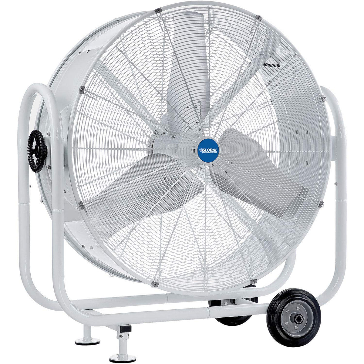 Outdoor Rated 36" Mobile Tilt Drum Blower Fan by Global Industrial – 15"L x 41.75"W x 45.25"H, Alloy Steel, White, Model HVD-36M