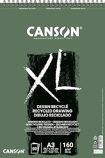 Canson XL Recycled Drawing 160gsm A3 Paper, Fine Honeycomb Grain, Spiral Pad Short Side, 50 White Sheets, Ideal for Professional Artists & Illustrators