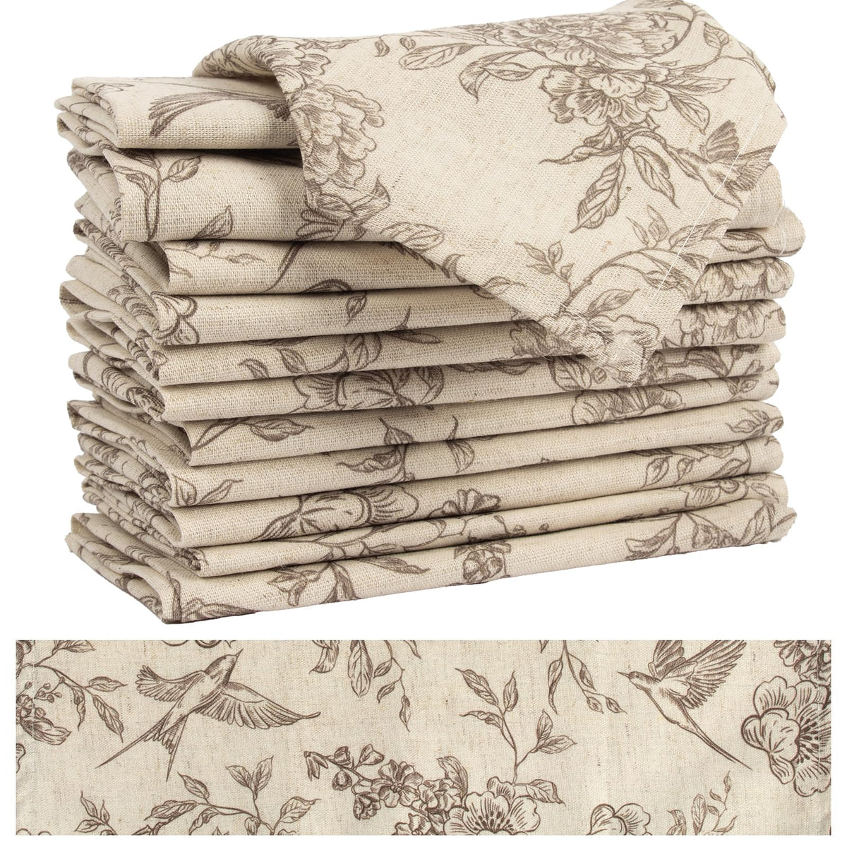 Muginyu Floral Cloth Napkins, 15 x 15 Inch, Set of 12, Flower Bird