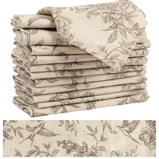 Muginyu Floral Cloth Napkins, 15 x 15 Inch, Set of 12, Flower Bird