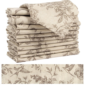 Muginyu Floral Cloth Napkins, 15 x 15 Inch, Set of 12, Flower Bird
