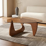 43.3" Glass Coffee Table, Modern Coffee Tables for Living Room, Organic Round Coffee Table with Smoked Tempered Glass Top and Walnut Finish Wood Base, Small Center Table, Mesa de Centro para Sala
