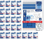 STAEDTLER Norica Pencil Set 50 Pencils + 50 Eraser Caps + Sharpener 24 Pack | Pre-sharpened, #2 HB Pencils, Double-Hole Sharpener, Break-Resistant Lead, School Pack